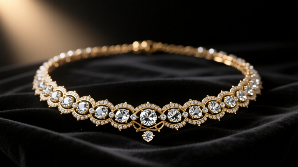 Close-up of a vintage 19th-century style diamond riviere necklace resting on dark velvet, illuminated by a single warm spotlight.