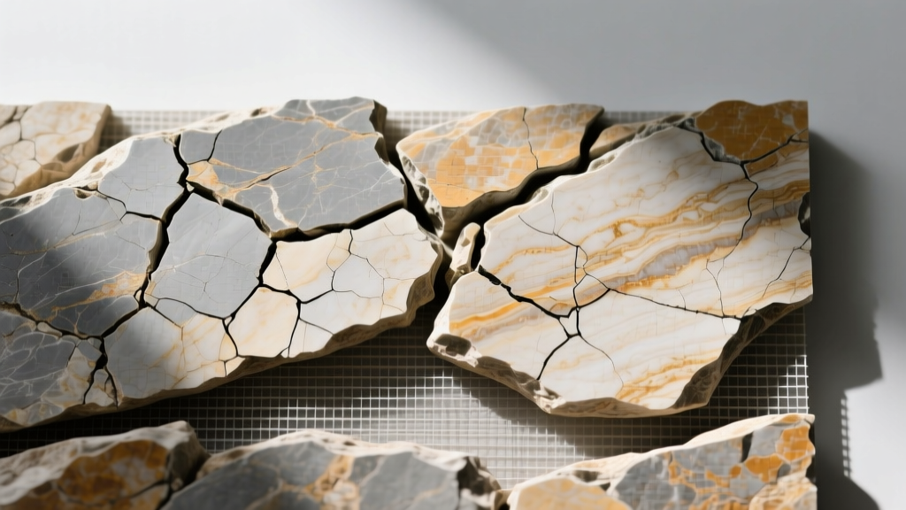 Macro close-up of a highly textured split-face flexible stone veneer sheet revealing deep natural clefts and fiberglass backing mesh
