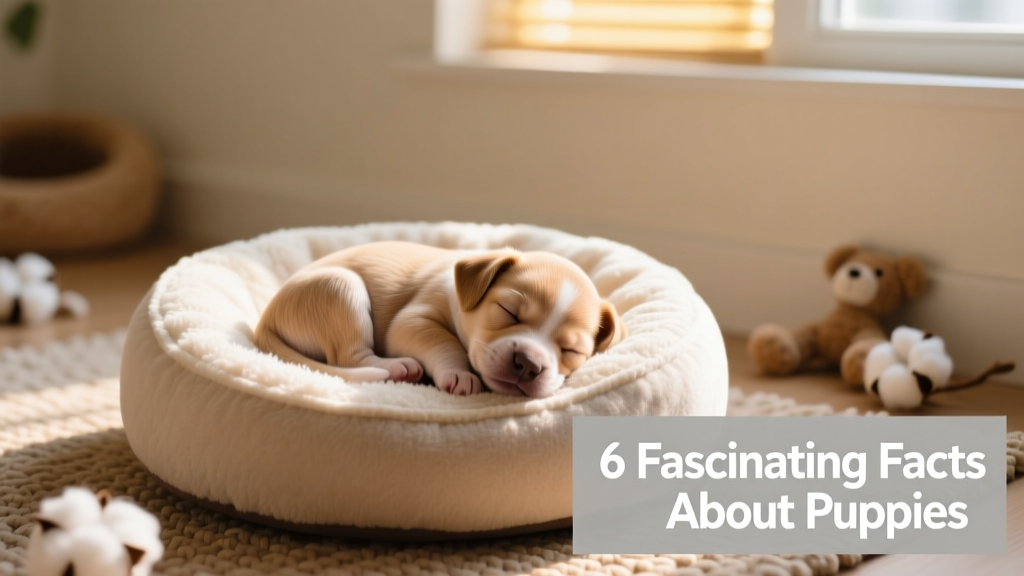 Newborn puppy curled up asleep in a soft circular dog bed