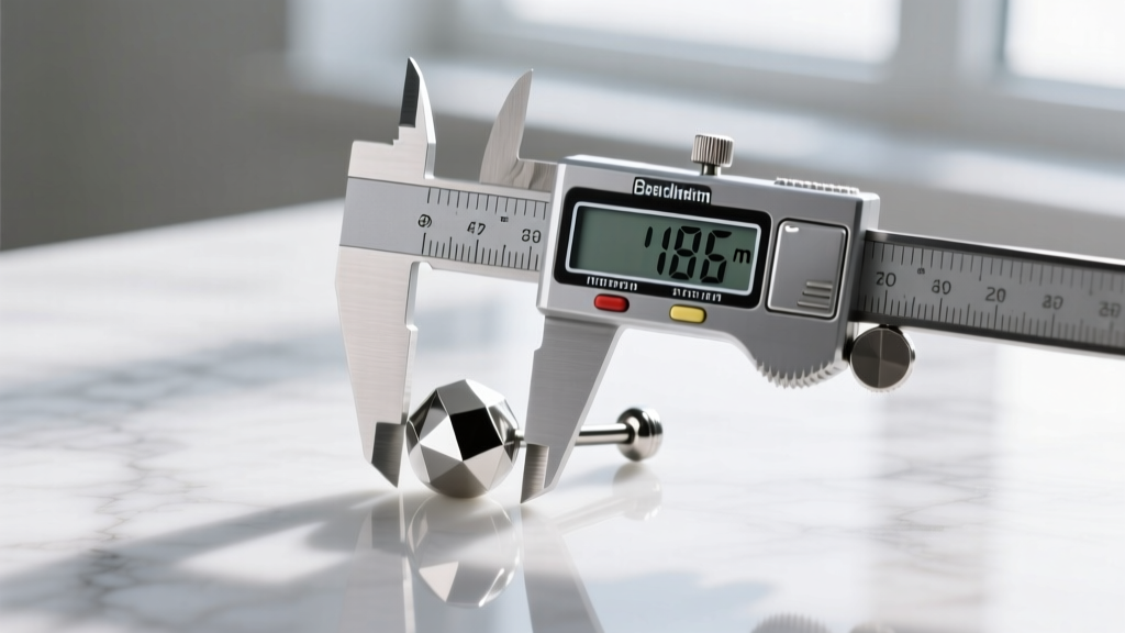 Digital calipers measuring the base of a non pierced magnetic nipple barbell in millimeters on a clean white marble surface