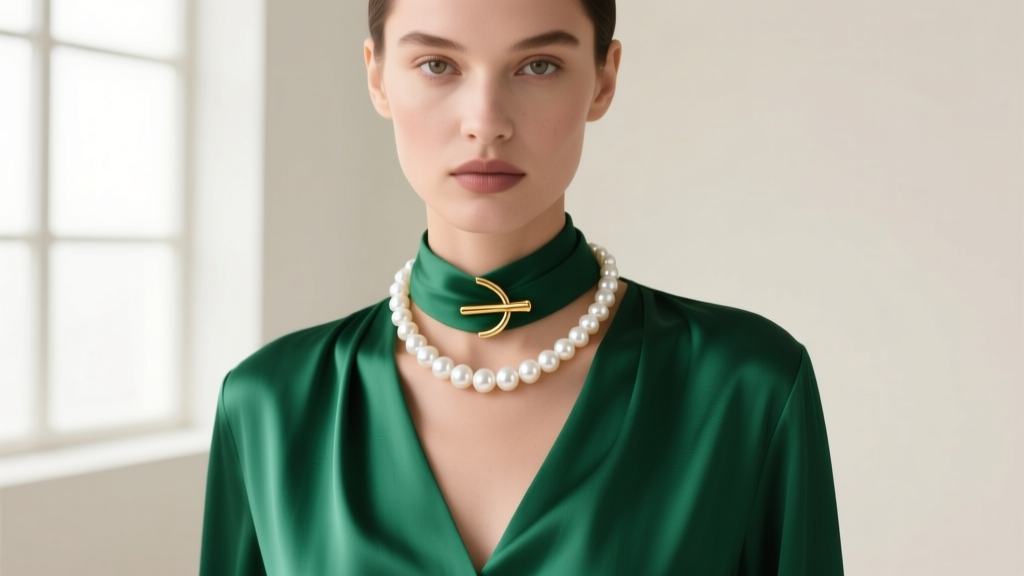 Model wearing a 36-inch white freshwater pearl necktie necklace with gold vermeil sliding clasp over emerald silk