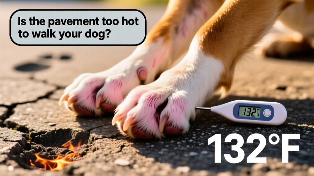 Close-up of healthy dog paw pads next to a digital thermometer reading 132°F on asphalt