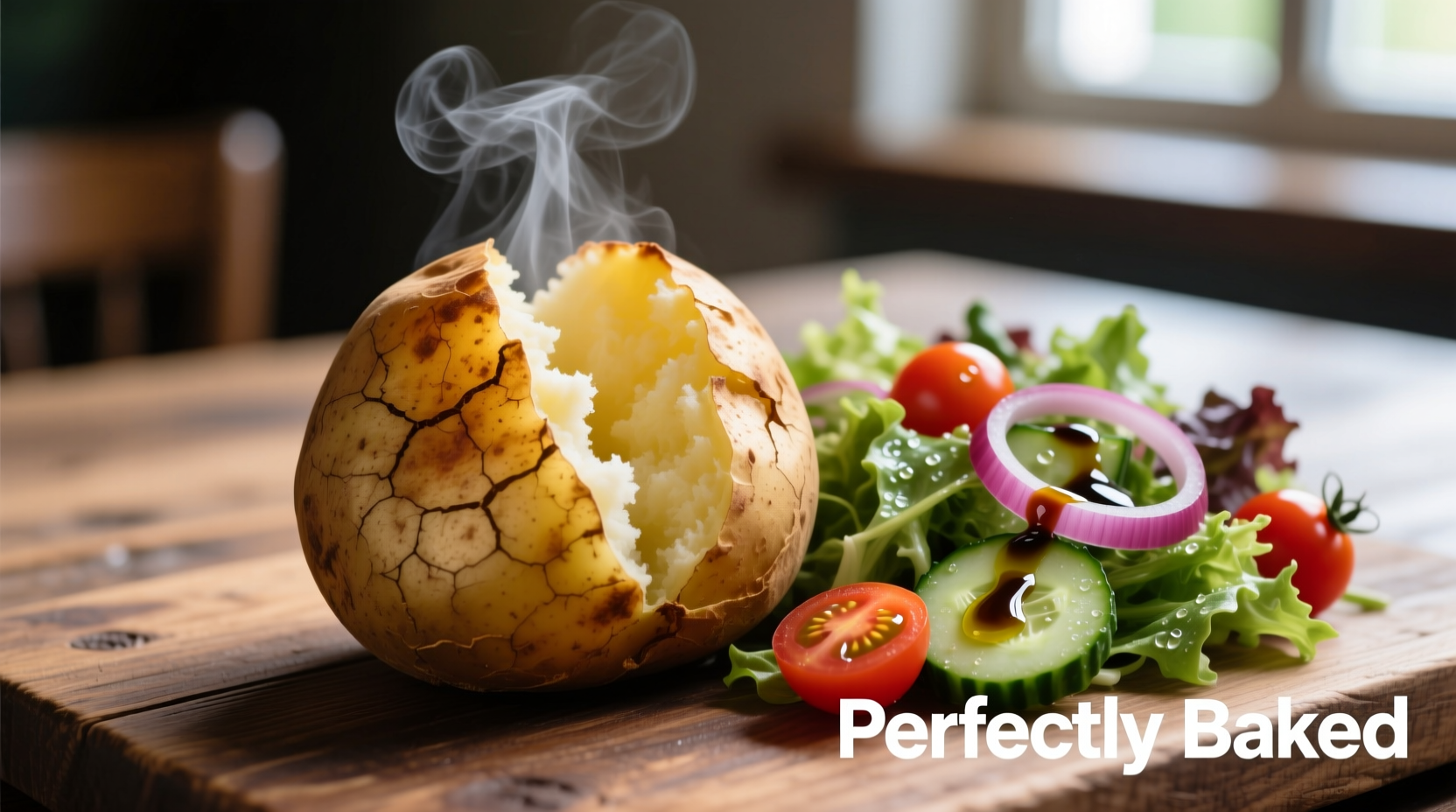 Perfectly baked jacket potato with fresh salad