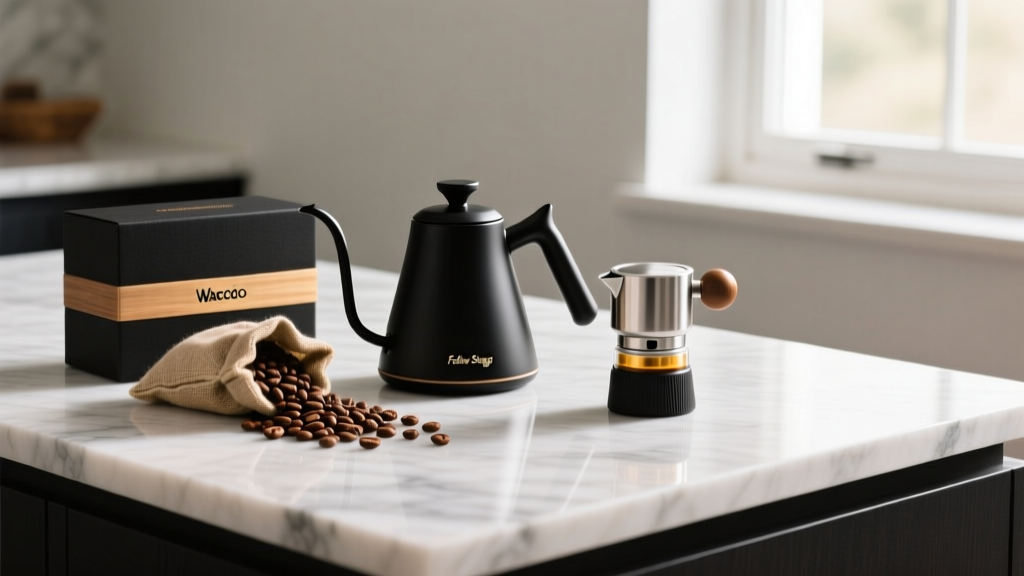 Holiday gift box on marble island revealing matte black Fellow Stagg kettle, Wacaco Picopresso espresso maker, and artisanal coffee beans