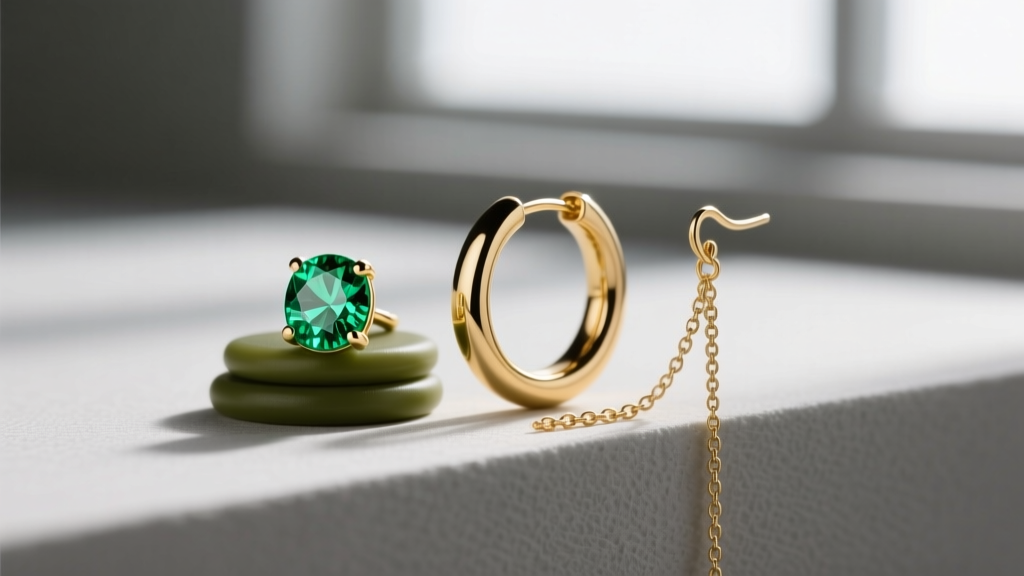 Three-hole ear stack showing a peridot stud, an olive gold huggie hoop, and a chain earring, macro photography, sharp focus.