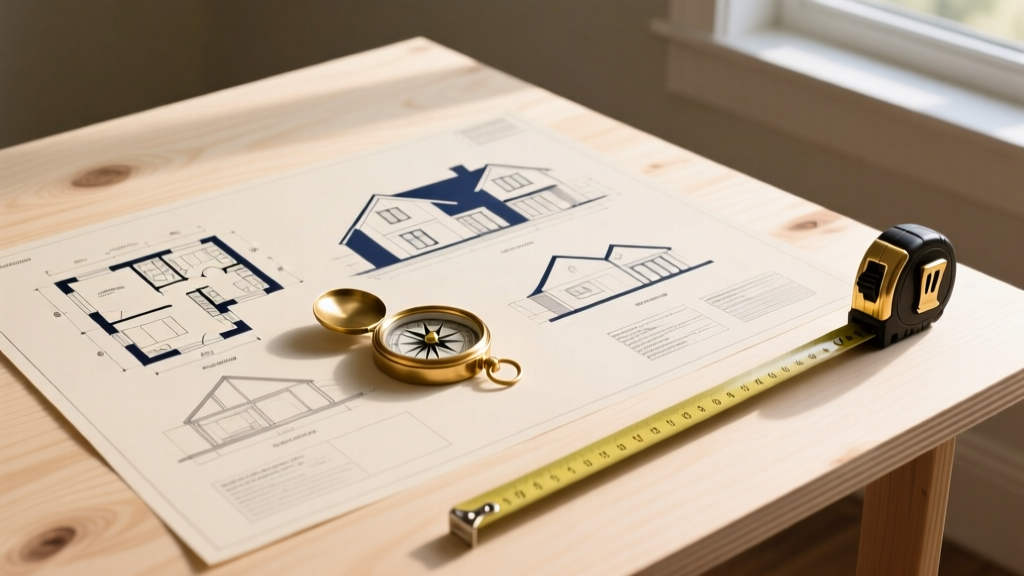 Architectural blueprints for a 3000 square foot custom home spread across a plywood table with a measuring tape and brass compass