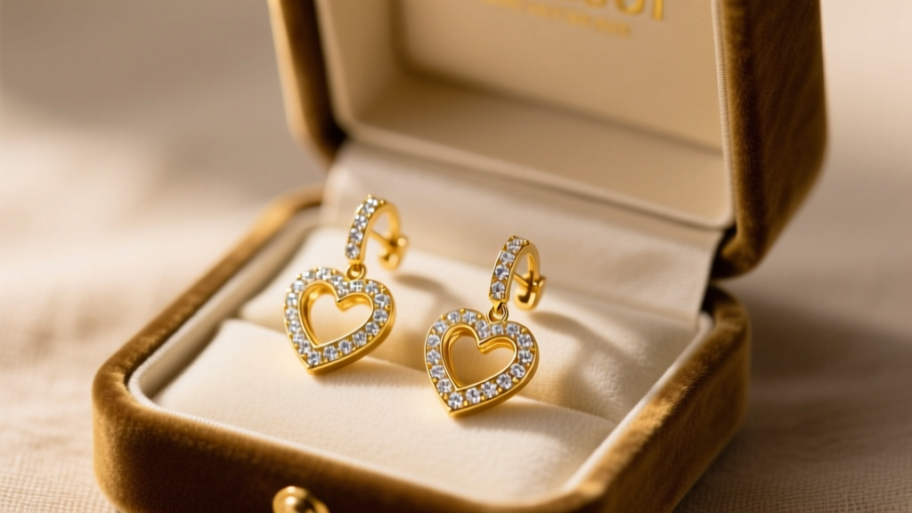 Elegant velvet jewelry box open to reveal 18k yellow gold Radar Love drop earrings with pavé diamonds, soft warm lighting