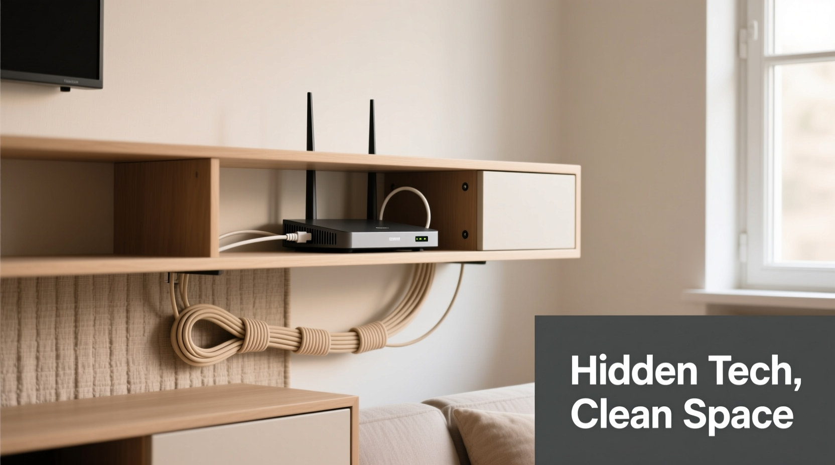 how to hide router cords neatly in a living room with zero tools