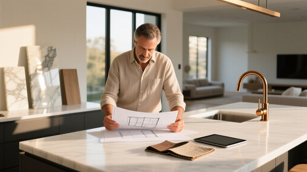 Architect reviewing blueprints and material samples including Calacatta marble and bronze fixtures on a sunlit modern kitchen island