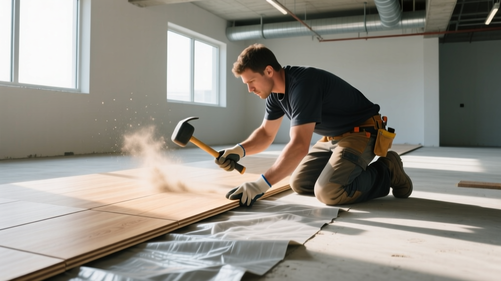 Contractor kneeling on a concrete basement slab installing interlocking OSB subfloor panels with a rubber mallet and moisture barrier