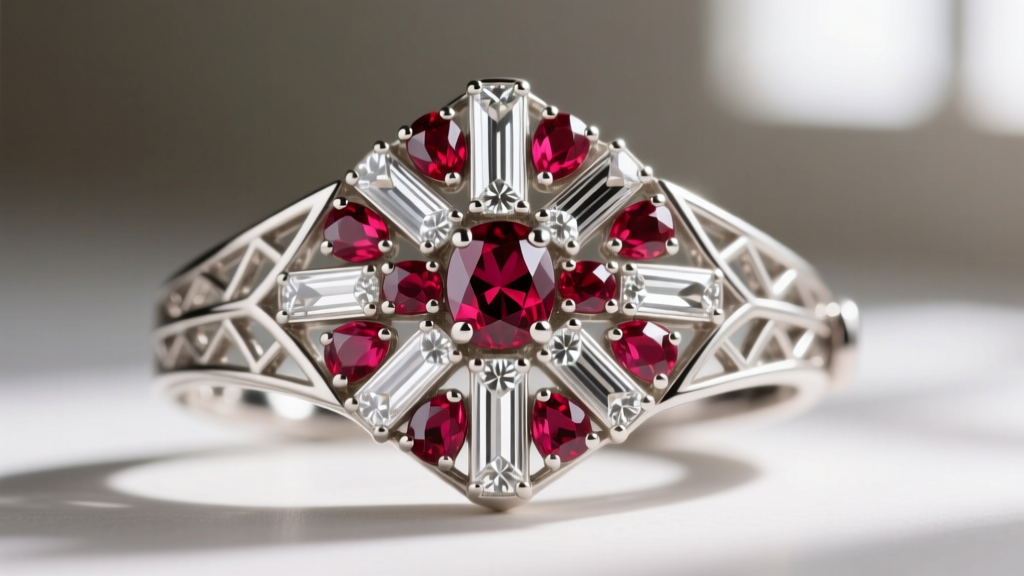 Detailed view of a platinum clasp featuring calibre-cut rubies and baguette diamonds in an intricate Art Deco geometric design.