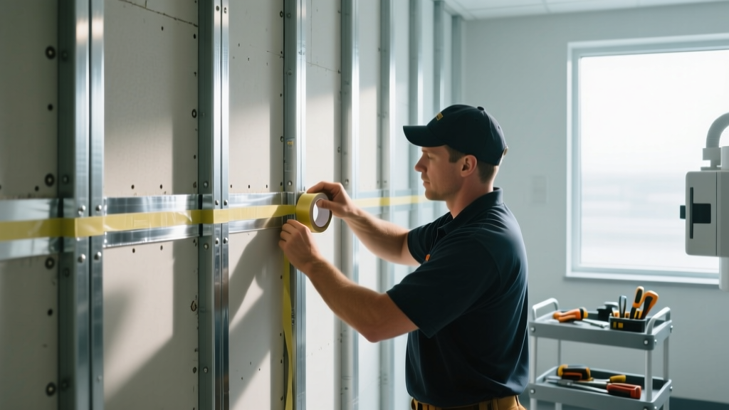 Contractor installing heavy lead lined gypsum board on steel studs in an X-ray room with specialized lead tape sealing the seams