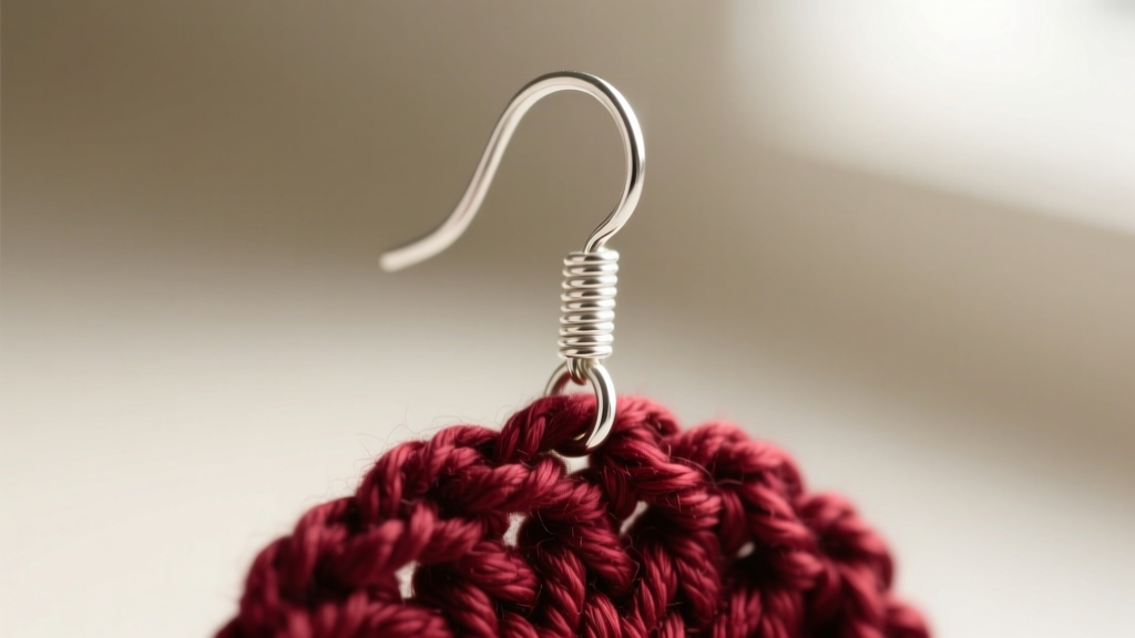 Macro shot of a 20-gauge Argentium silver ear wire securely wrapped through the top loop of a burgundy yarn crochet earring.