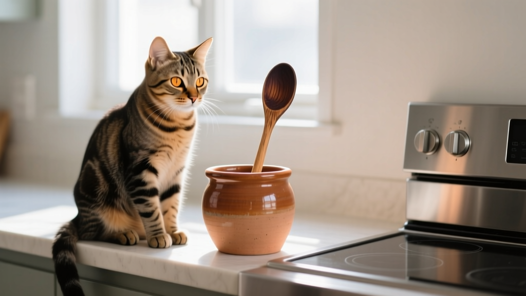 Tabby cat sitting on kitchen counter looking at a wooden spoon resting inside a ceramic crock next to a modern stove
