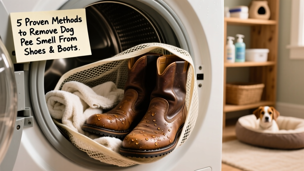 Shoes placed inside mesh laundry bag with towels in washing machine drum