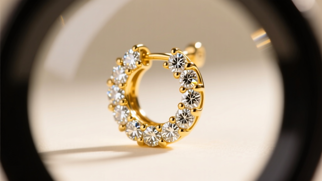 Macro view of a 14k yellow gold halo cluster earring through a loupe, focusing on shared prongs holding tiny 1.5mm melee stones.