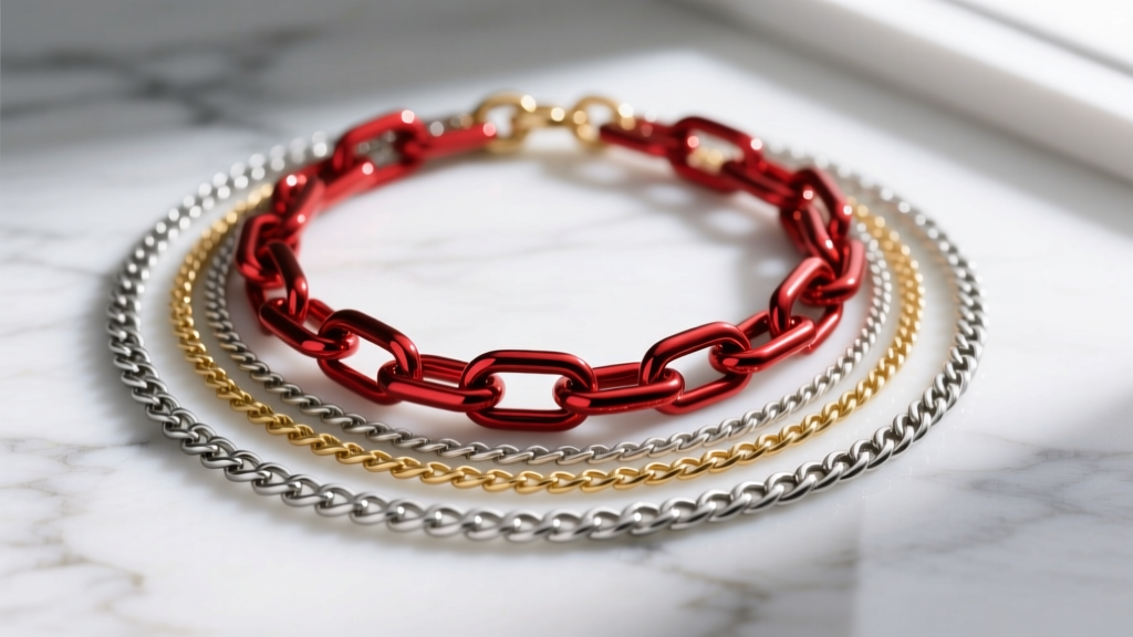 Layered necklace stack featuring a red PVD titanium paperclip chain mixed with matte gold and silver herringbone chains on marble.