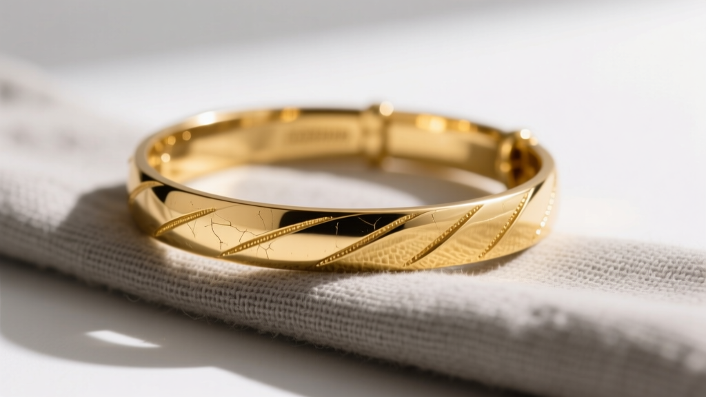 A worn 24 karat gold jewelry bracelet displaying micro-scratches and a softened matte patina, resting on a piece of raw gray linen