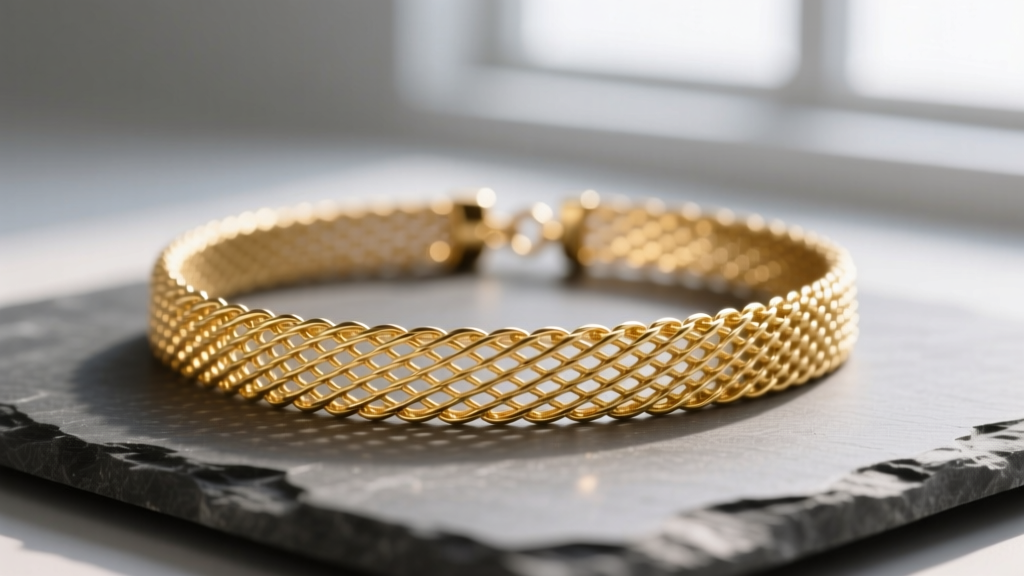 Macro view of 18k gold Milanese mesh necklace on slate, highlighting the woven wire texture and bright studio reflections.
