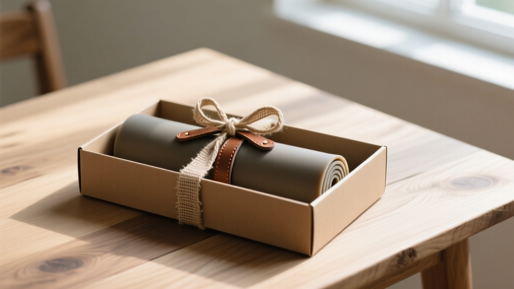 Rolled silicone baking mats secured with leather straps inside a kraft gift box tied with a rustic linen ribbon resting on a wooden table