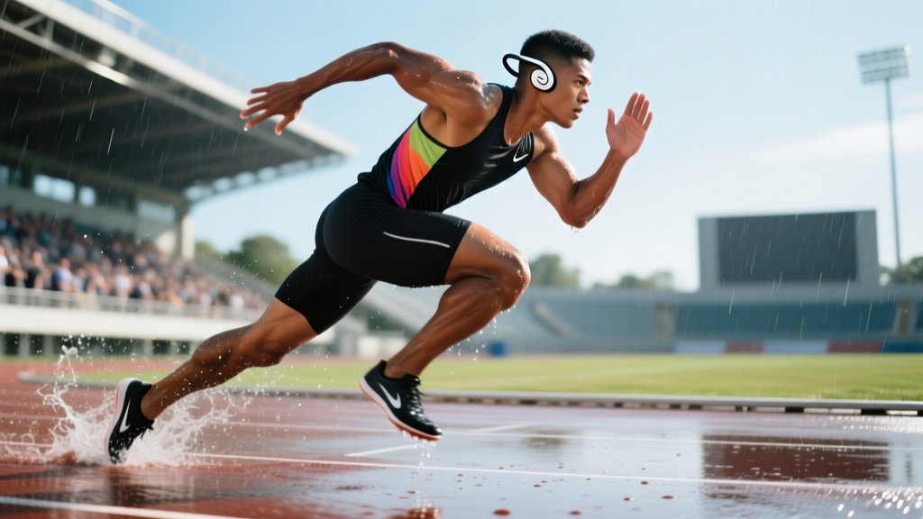 Athlete sprinting on a wet track wearing secure-fit wireless earbuds, demonstrating IPX7 sweat resistance and ergonomic wingtip design.