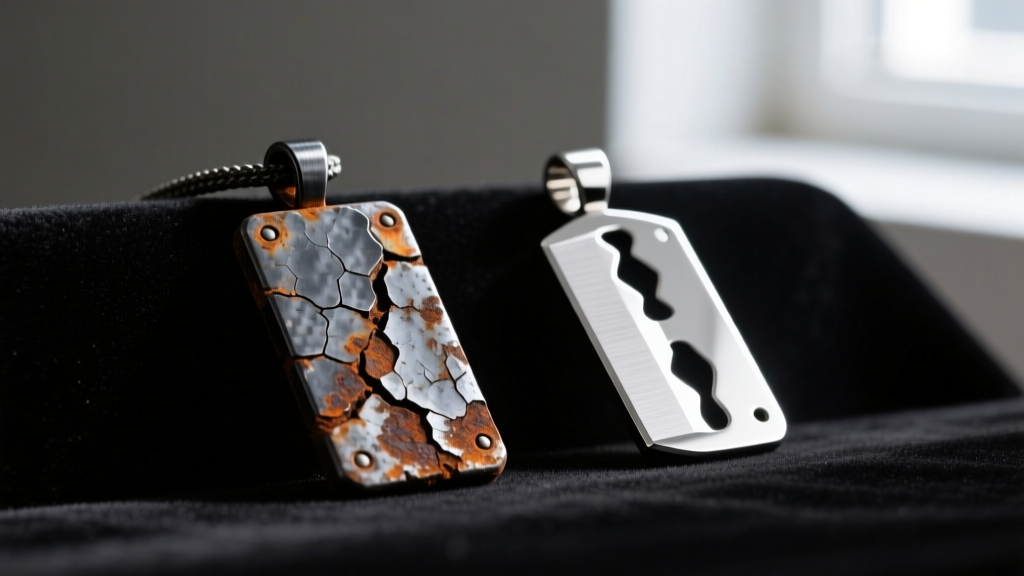 Macro shot comparing a rusted carbon steel razor pendant to a pristine 316L surgical steel replica on dark velvet