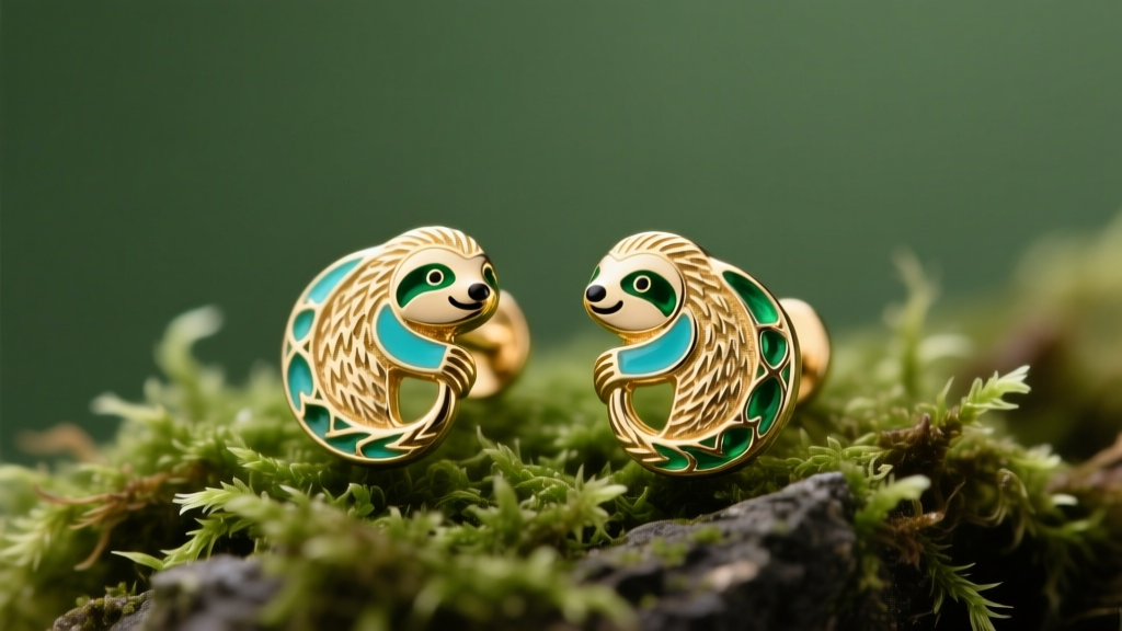 Macro shot of 14k gold sloth stud earrings on raw green moss, highlighting intricate enamel details under soft studio lighting.