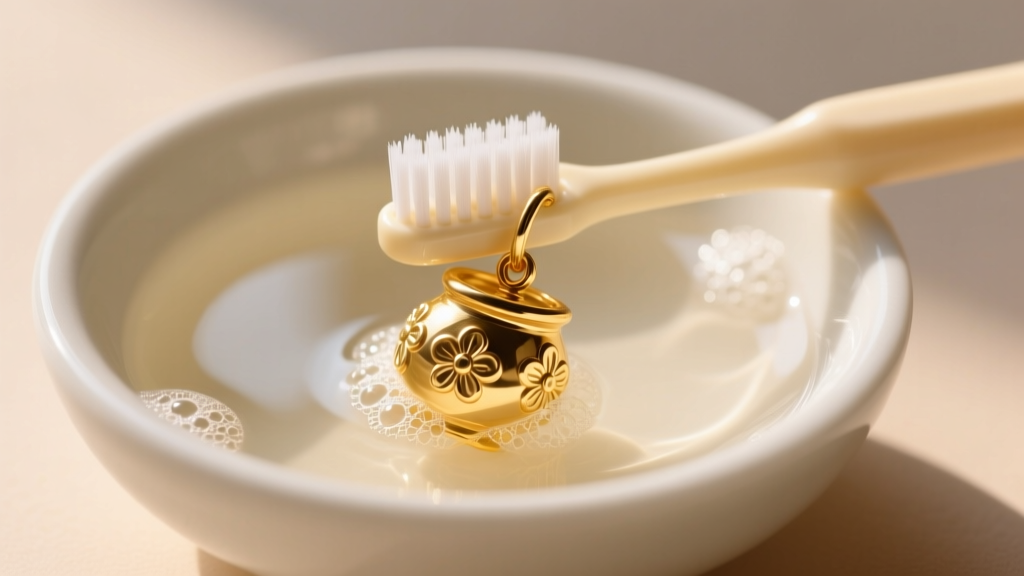 Soft baby toothbrush gently scrubbing crevices of a gold honey pot charm earring in a bowl of warm soapy distilled water