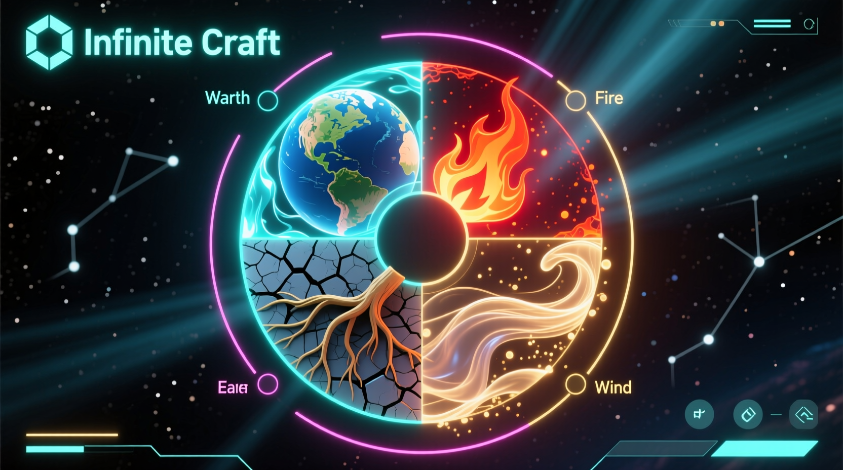 Infinite Craft gameplay showing earth water fire wind interface