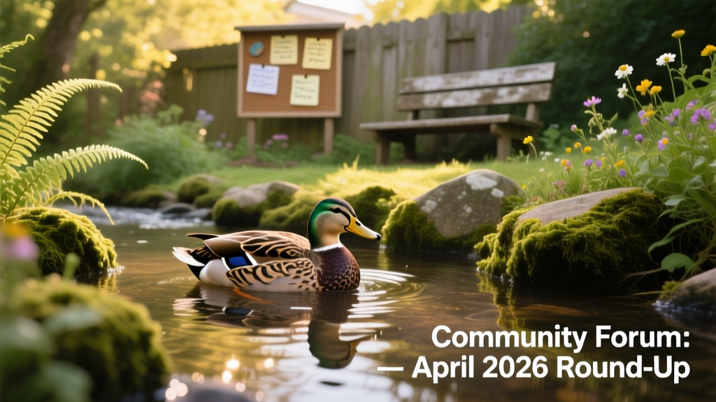 A serene backyard scene featuring a calm duck wading in a small, clear stream surrounded by lush greenery