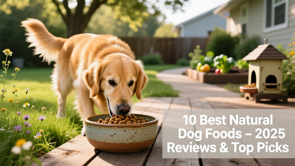 A golden retriever happily eating kibble from a ceramic bowl outdoors