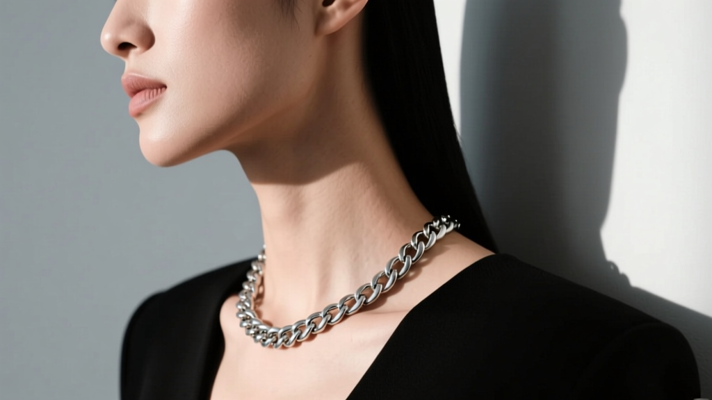 Side profile of a model wearing a 16-inch silver curb chain, showing exact clearance between collarbone and bottom link
