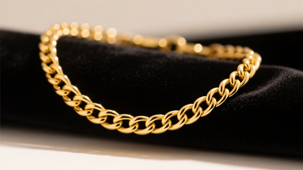 Close-up of a 14k solid yellow gold cable chain necklace resting on dark velvet under warm studio lighting.