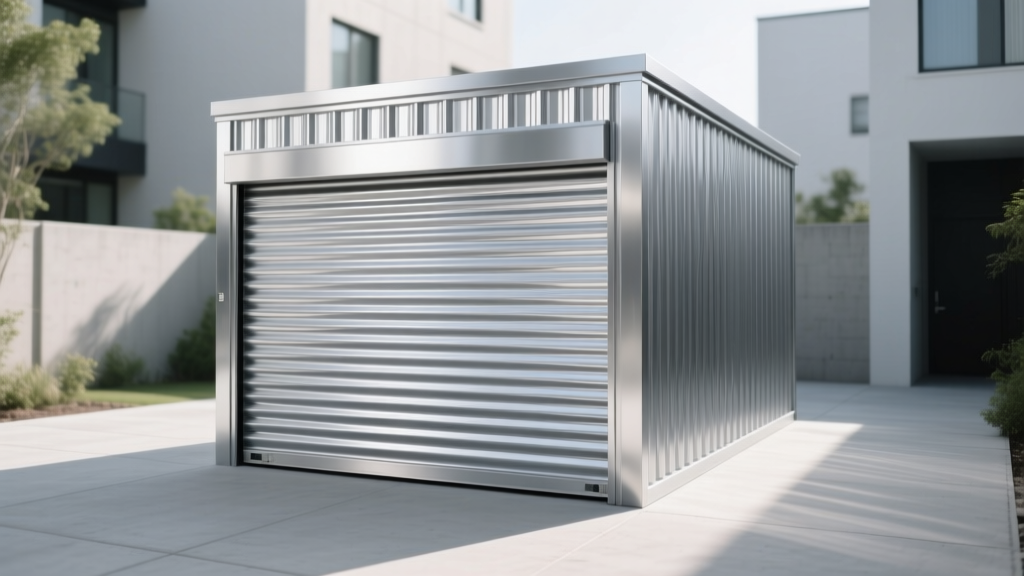 10x20 prefabricated galvanized steel mini storage unit with corrugated roll-up door installed on a smooth brushed concrete slab.