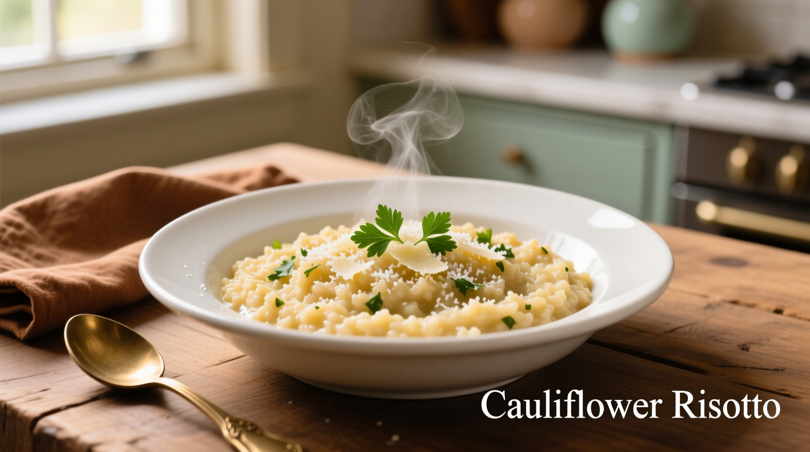 Creamy cauliflower rice risotto in white bowl