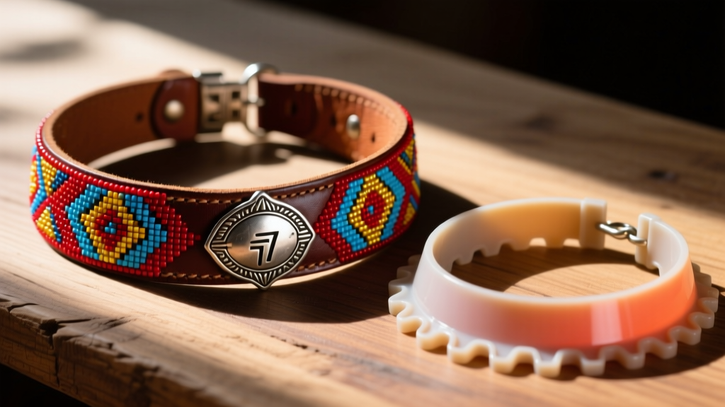 Authentic leather-backed Huichol beaded collar with silver clasp beside a flimsy mass-produced plastic imitation on wood.