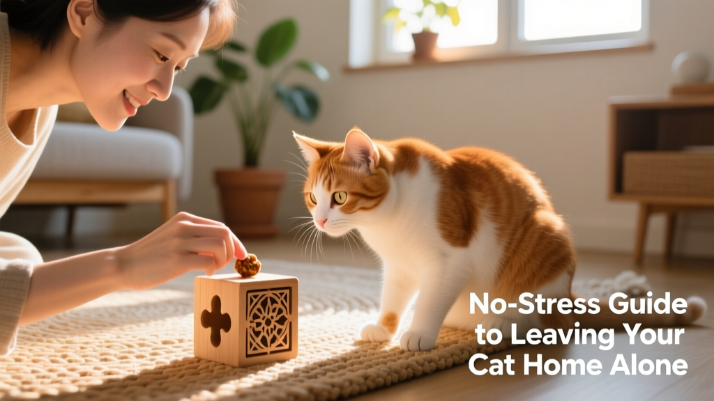 A person gently placing a small treat inside a puzzle toy while their cat watches curiously