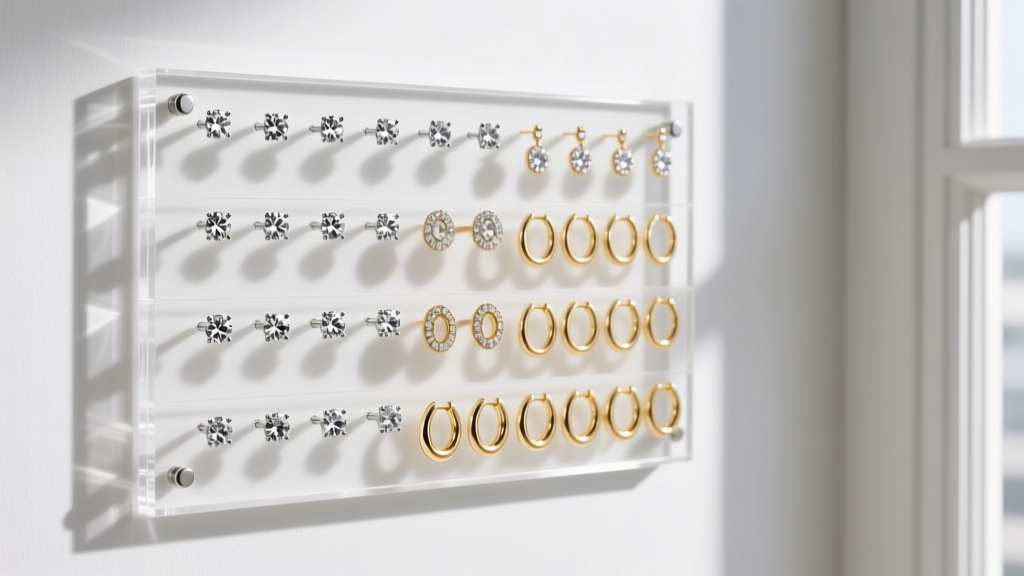 Clear acrylic earring organizer wall on white drywall, displaying neatly arranged diamond studs and delicate gold huggie hoops