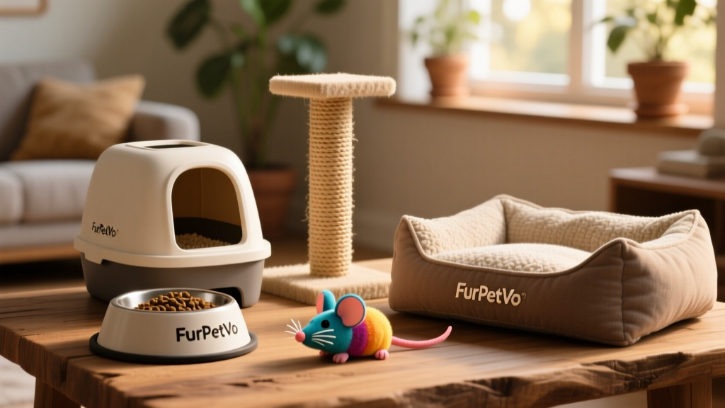 A neatly arranged collection of essential cat supplies: food bowl, litter box, scratching post, toy mouse, and soft bed—all branded with subtle FurPetVo logo accents