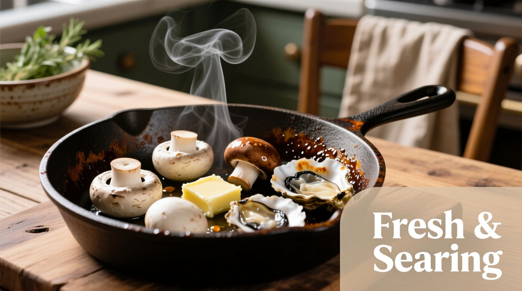 Fresh mushrooms searing in a cast iron skillet