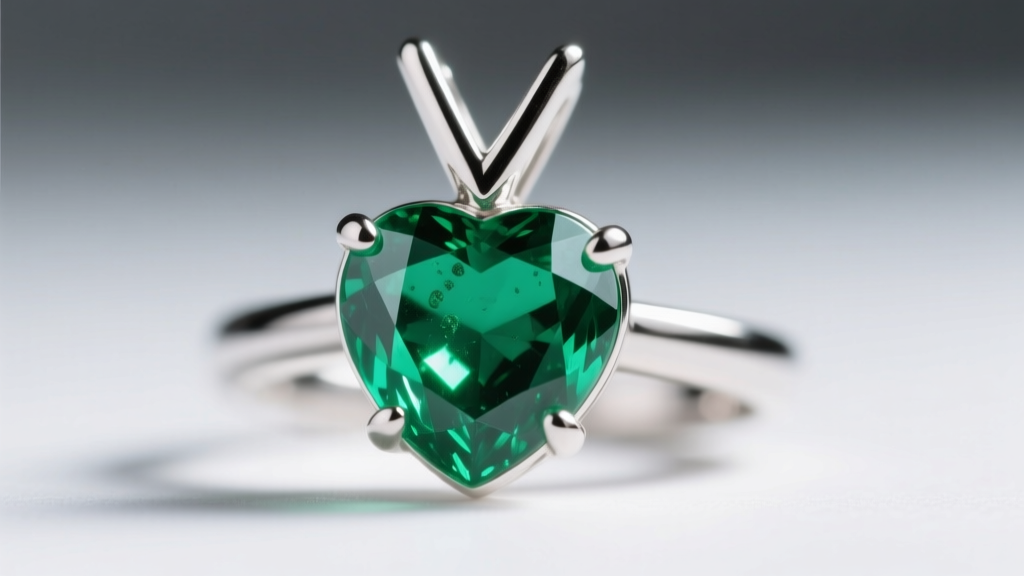 Macro shot of platinum earring setting with a v-prong securing the top cleft of a vivid green emerald heart stone in soft focus