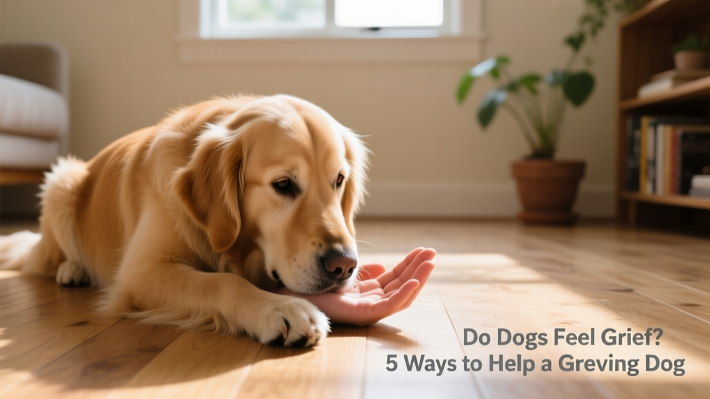 A dog sitting calmly beside a person’s hand resting on the floor, both relaxed and quietly connected—symbolizing patient, supportive companionship