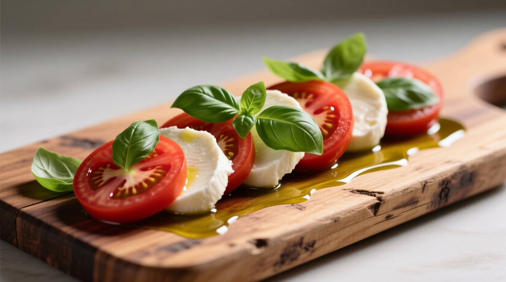 Perfectly arranged mozzarella tomato basil appetizer on wooden board