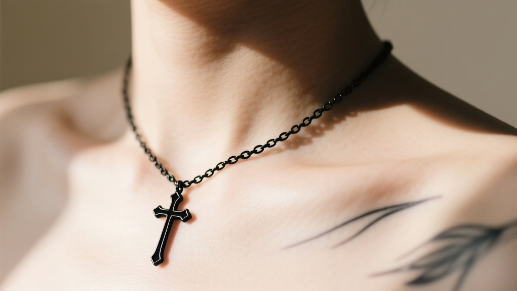 Fine-line black ink rosary necklace tattoo resting on a collarbone, soft natural lighting, macro photography, high contrast.