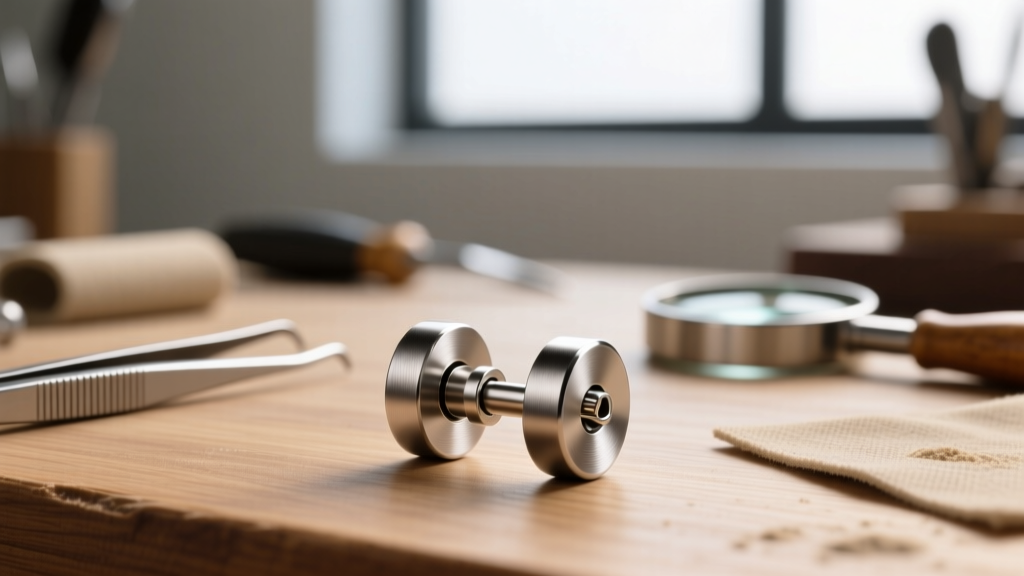 Side profile of an 18-gauge titanium earring post with a locking clutch against a blurred jeweler workbench background.