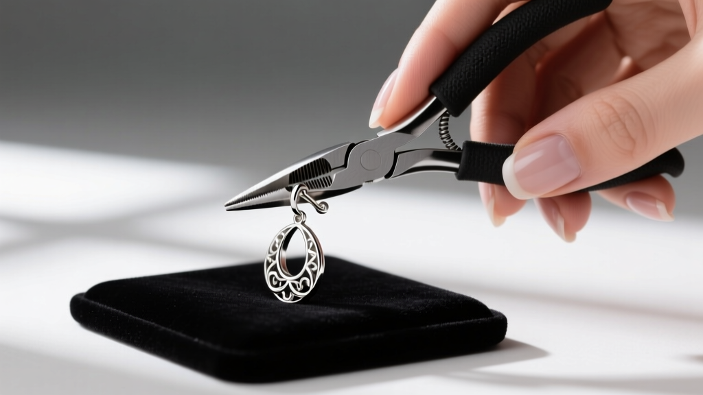 Hands using nylon pliers to adjust the tension of a sterling silver hinged clip-on earring over a black velvet jeweler