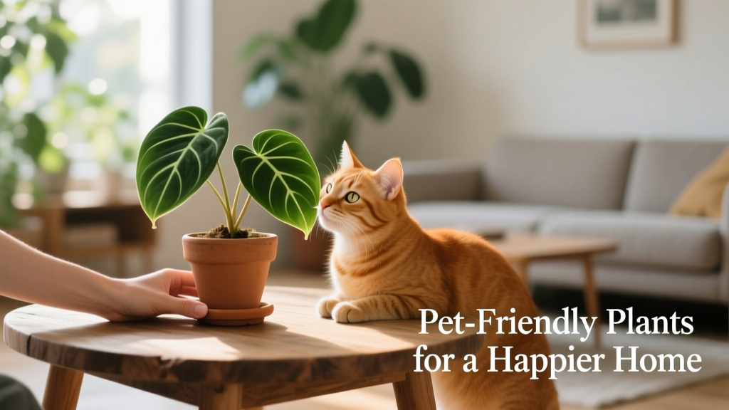 A hand holding a small potted calathea next to a friendly cat gently sniffing the leaves