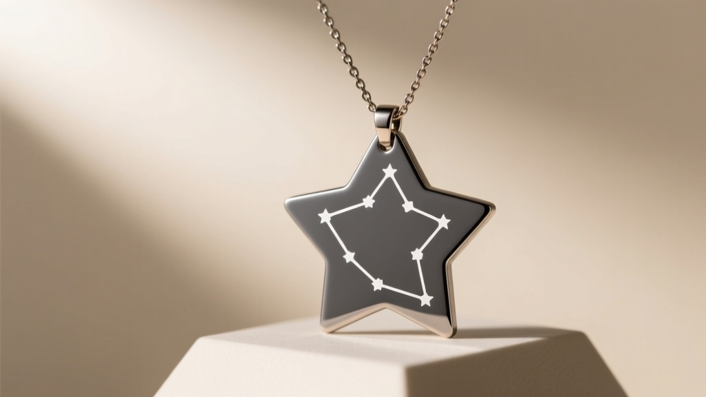 Brushed titanium star map necklace hanging from a minimalist stand, showcasing a deep grey surface with crisp white laser etching