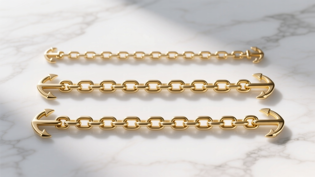 Three 14k gold anchor chains of varying widths laid flat on white marble, demonstrating visual weight and scale differences.