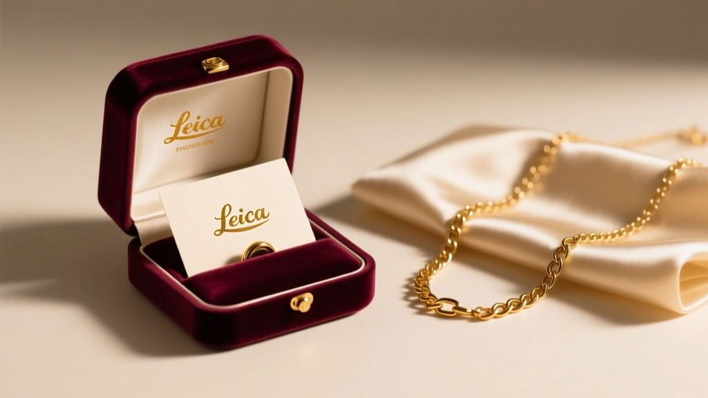 Open velvet box holding a custom restoration gift card next to a vintage gold chain awaiting a new clasp, lit by warm ambient light.